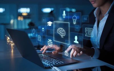 A woman uses a laptop, working with artificial intelligence, as indicated by the floating AI icons. AI-generated